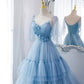 Blue tulle long A line prom dress blue evening dress  10551