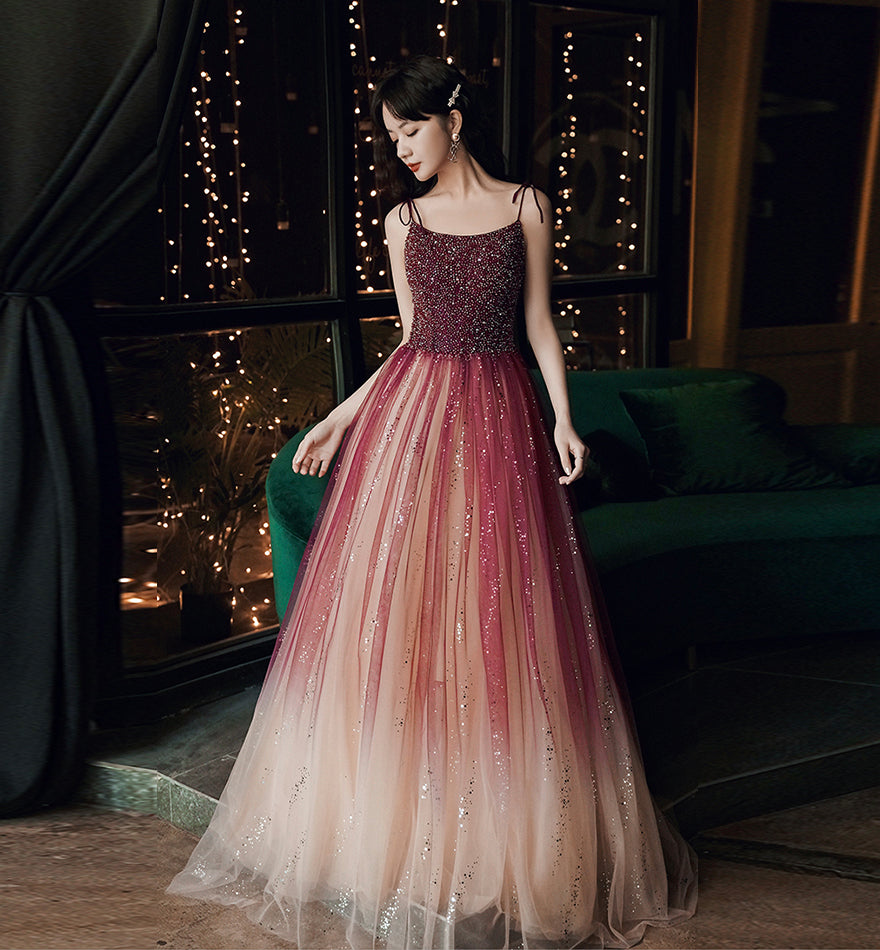 Burgundy tulle beads long prom dress evening dress  8459