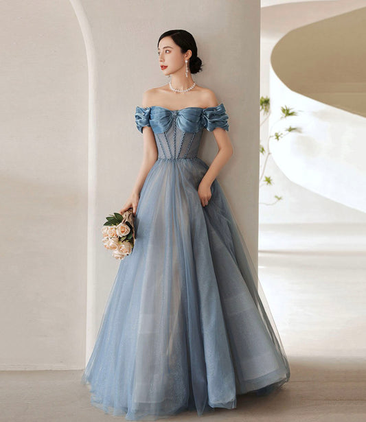 Blaues Tüll langes A-Linie Ballkleid Abendkleid 10287