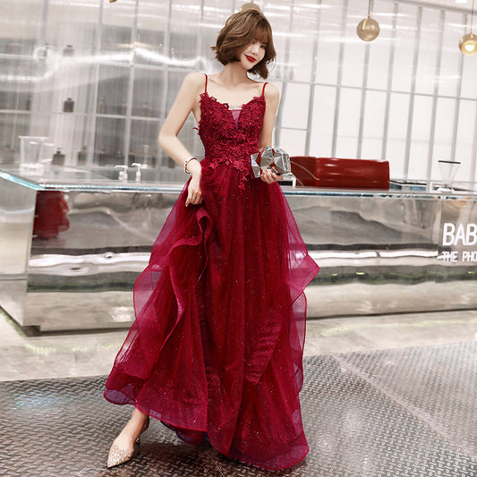 Burgundy lace tulle long A line prom dress  8220