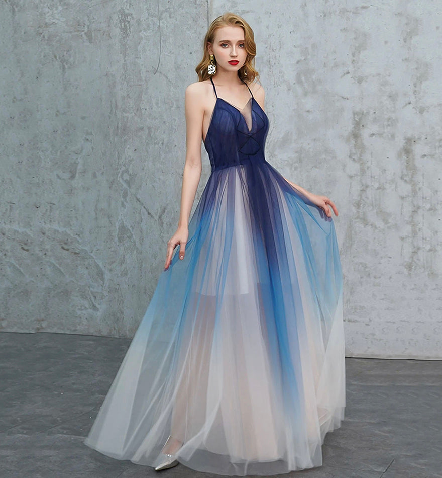 Blaues langes Ballkleid aus Tüll mit V-Ausschnitt blaues Abendkleid 8443