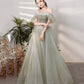 Green tulle sequins long prom dress A line evening dress  10225