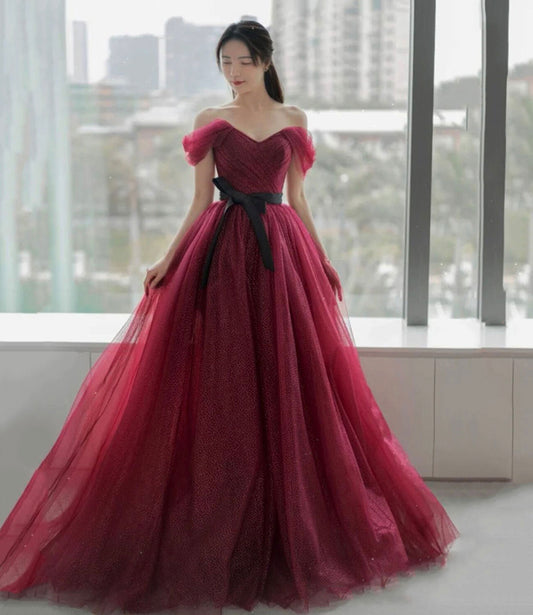 Burgundy tulle long A line prom dress evening dress  8856