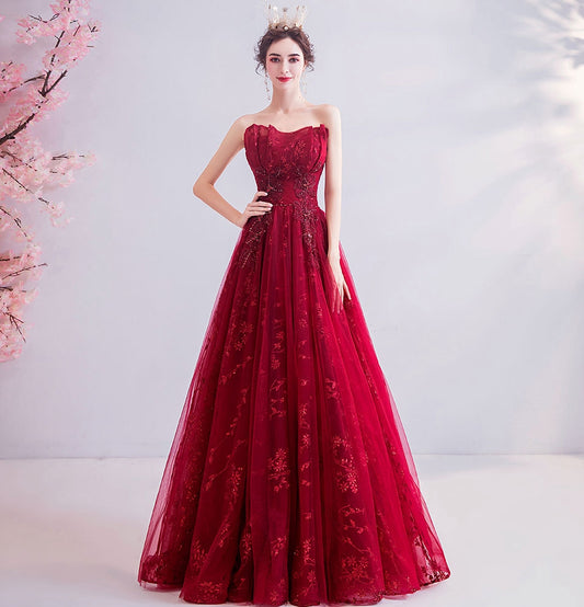 Burgundy lace long prom dress evening dress  8202