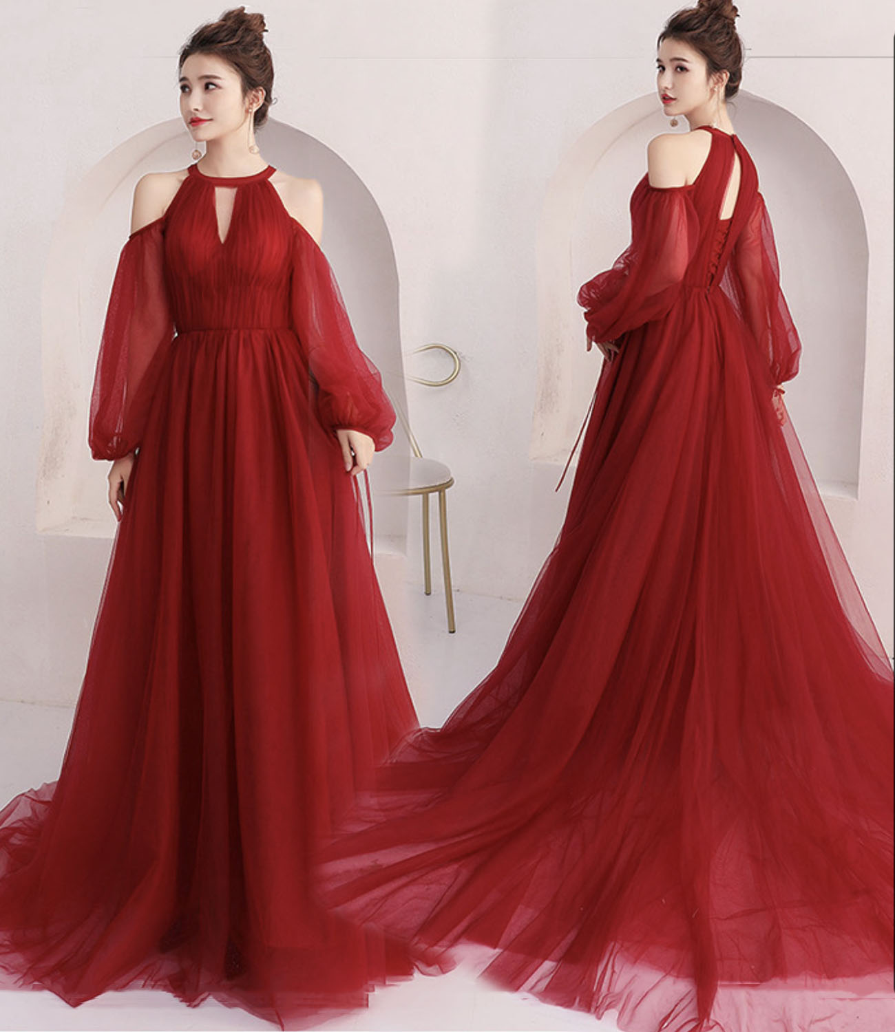 Red tulle long prom dress A line evening dress  10444