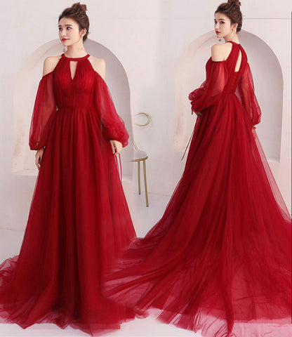 Red tulle long prom dress A line evening dress  10444