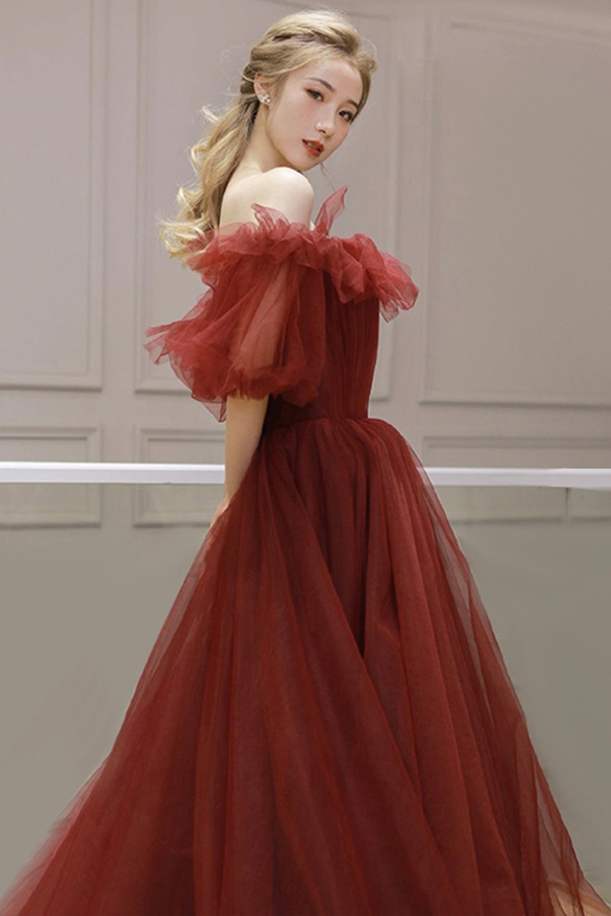 Burgundy tulle long prom dress A line evening dress  8579