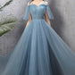 Blue tulle long A line prom dress blue evening dress  10588