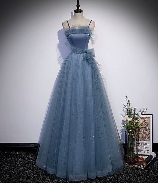 Blue satin tulle long prom dress A line evening dress  10268