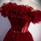 Burgundy tulle long prom dress A line evening gown  10006