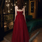 Burgundy tulle sequins long prom dress A line evening dress  10555