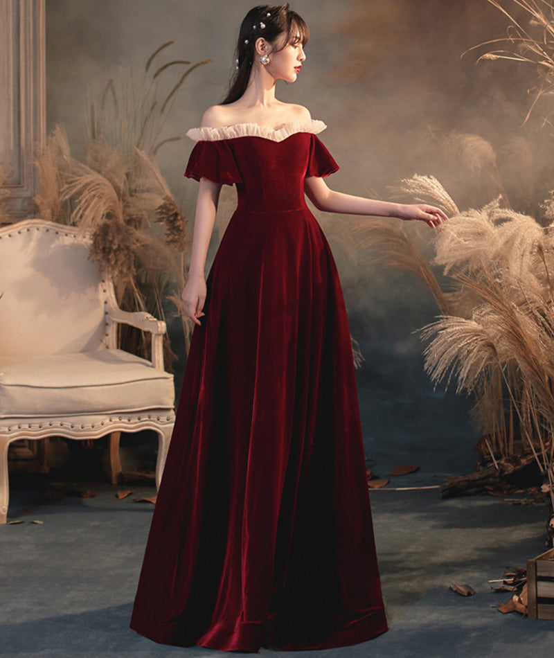 Burgundy velvet long prom dress evening dress  8383