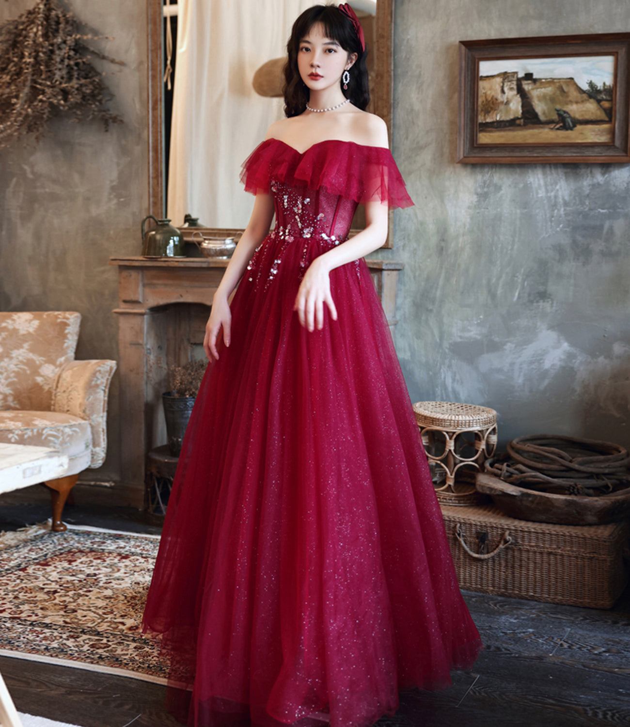 Burgundy tulle long A line prom dress evening dress  8687