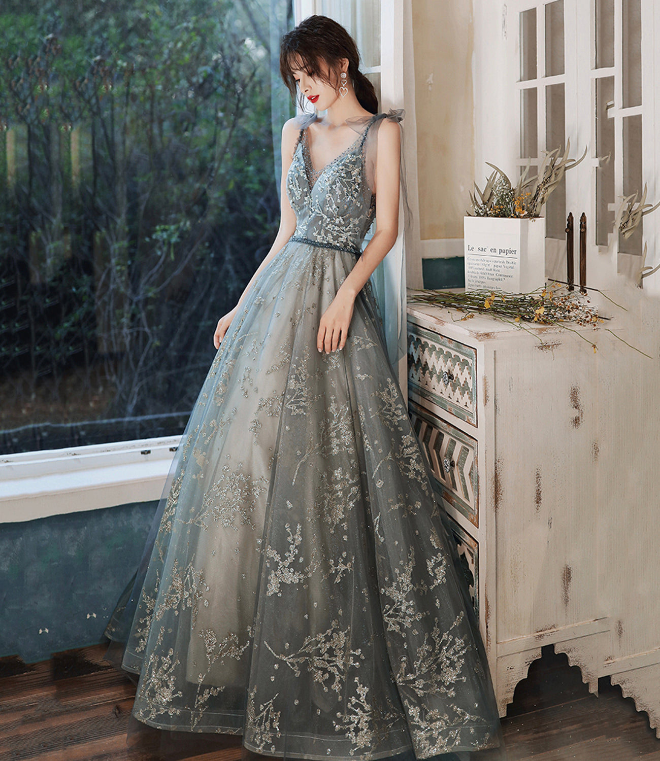 Gray tulle sequins long prom dress evening dress 8968