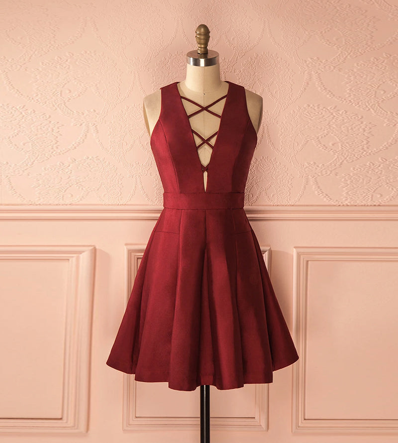 Burgundy satin short prom dress  8177