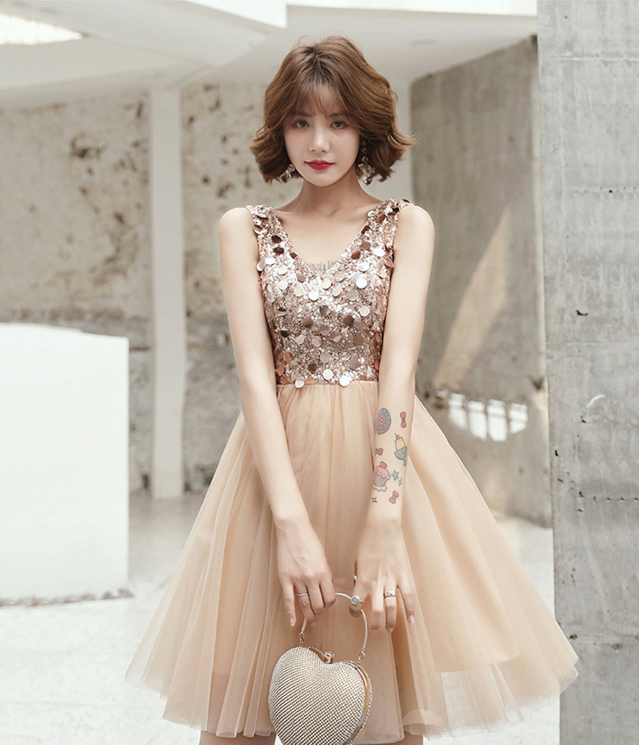 Cute tulle sequins short prom dress party dress  8301