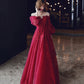 Burgundy lace long prom dress A line evening dress  10213