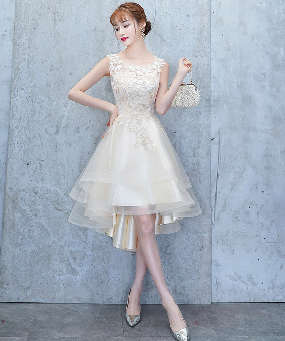 Champagne tulle lace high low prom dress party dress  8420