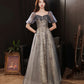 Gray tulle sequins long prom dress gray evening dress  10252