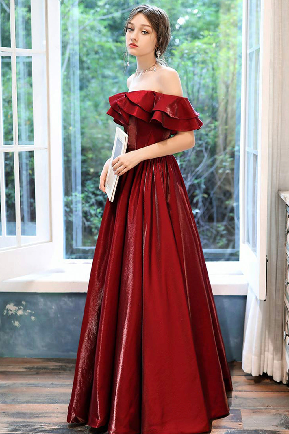 Burgundy satin long prom dress evening dress  8510