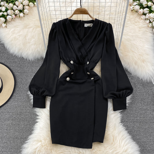 Black V Neck Long Sleeve Dress Fashion Dress  10843