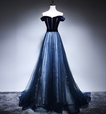 Langes Ballkleid aus blauem Samt-Tüll Abendkleid 8449