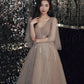 Champagne tulle lace long prom dress A line evening gown  10464