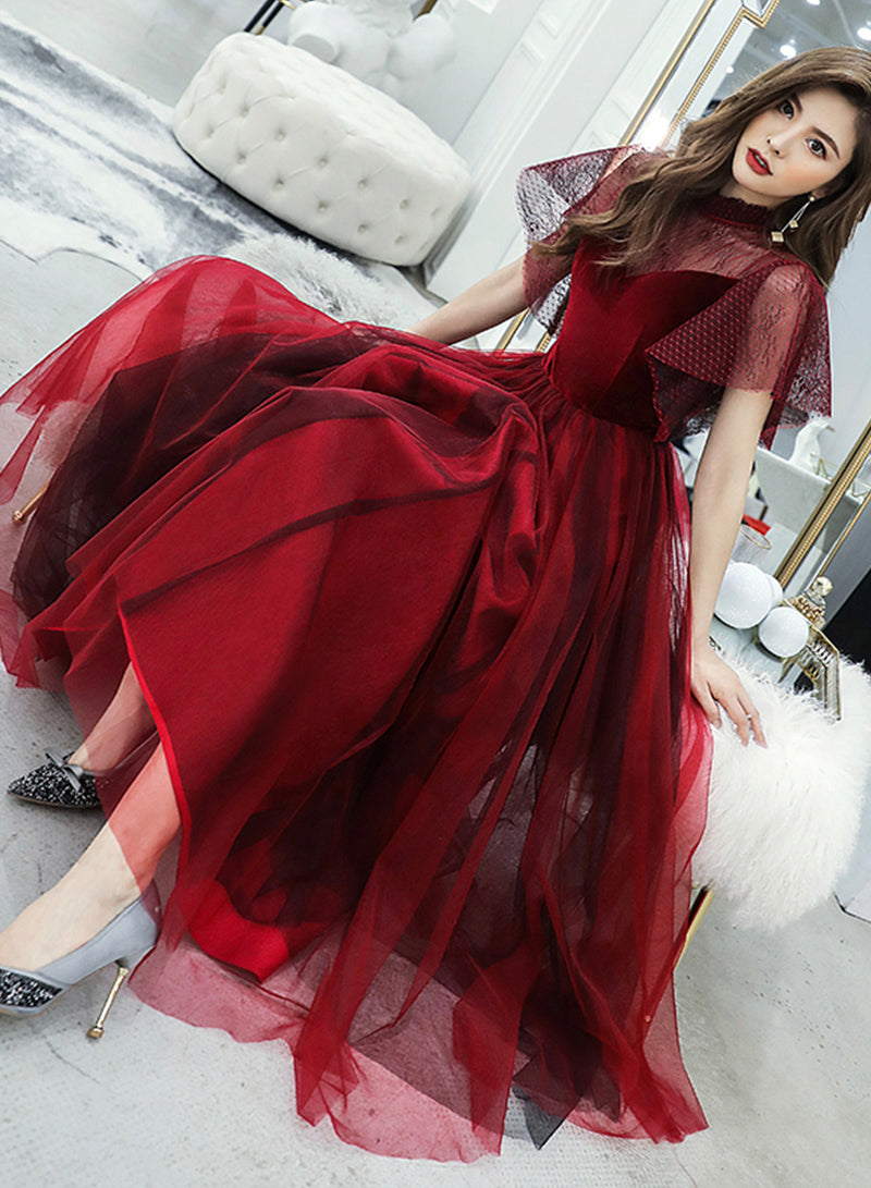 Burgundy velvet tulle prom dress burgundy evening dress  8380