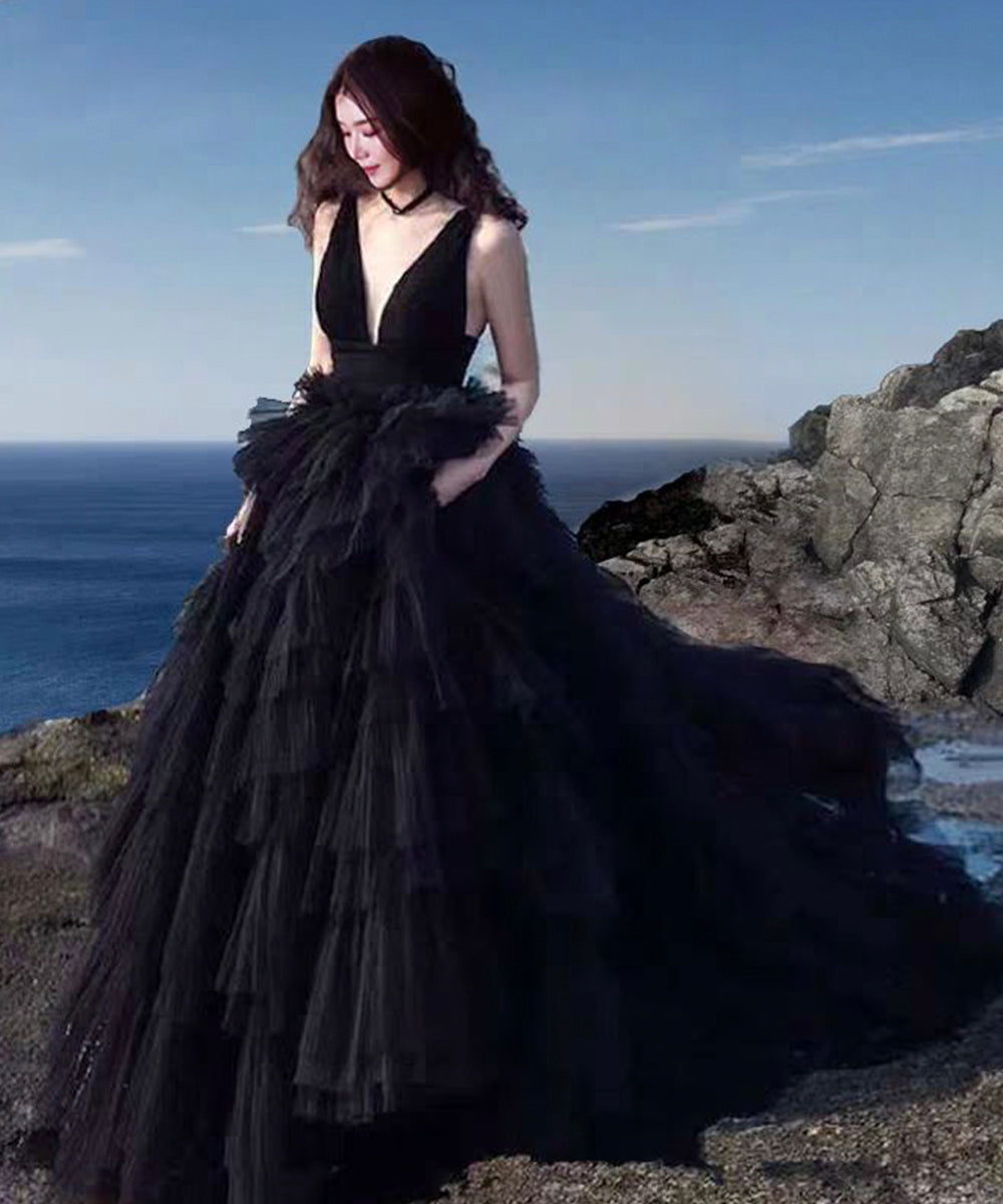 Black v neck tulle long prom dress evening dress  8515