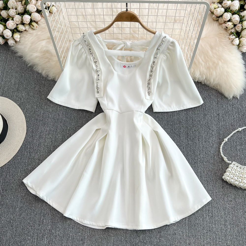 Temperament diamond studded bubble sleeves, slim waist, short A-line dress  11096