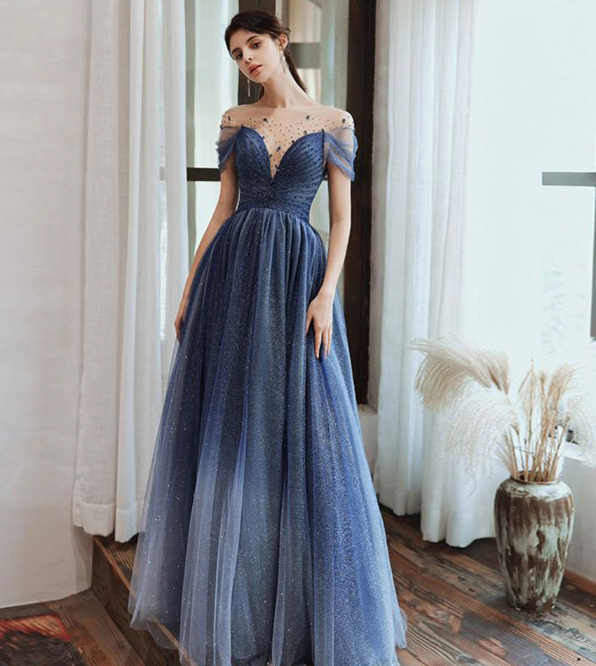 Robe de soirée longue en tulle bleu avec perles 8434