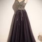 Stylish v neck tulle long prom dress A line evening dress  8640