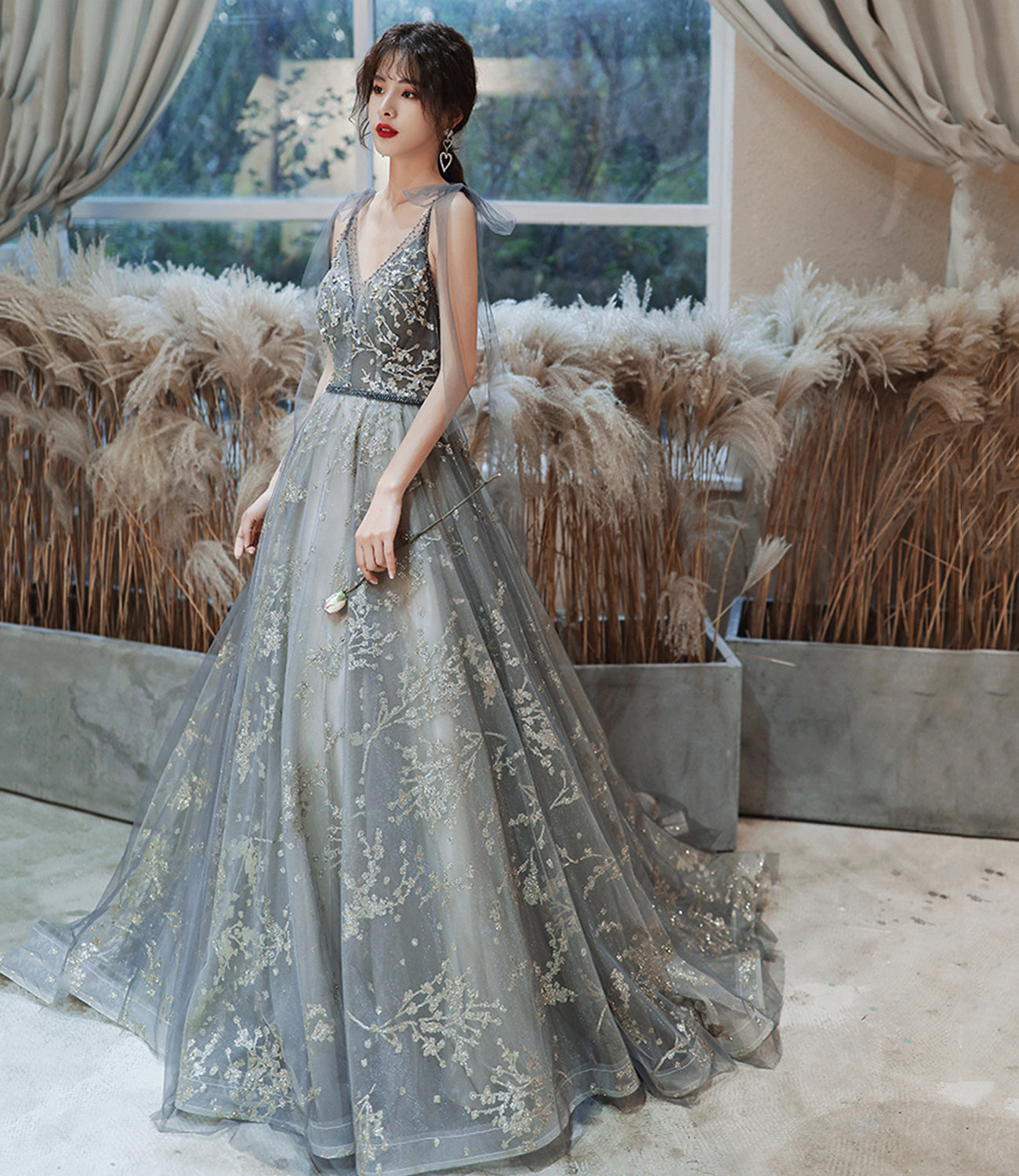 Gray tulle sequins long prom dress evening dress 8968