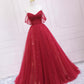 Red tulle sequins long prom dress A line evening dress  10569