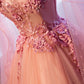 Pink v neck tulle lace ball gown formal dress  8240