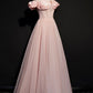 Pink tulle long A line prom dress pink evening dress  8693