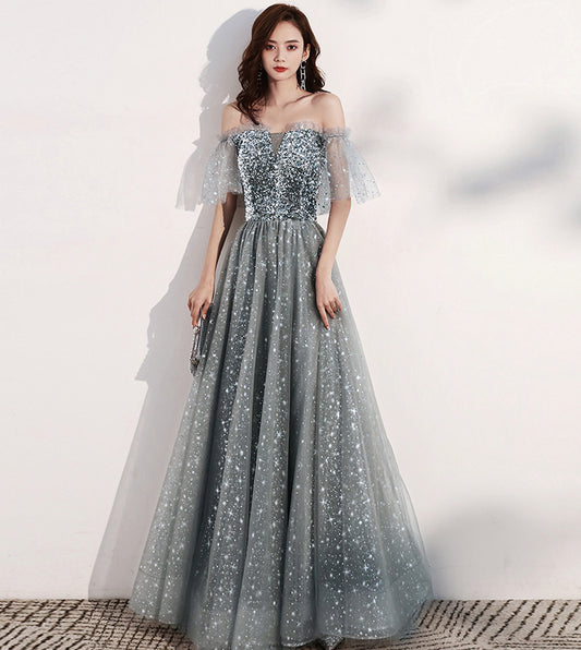 Robe de bal longue en tulle brillant avec paillettes robe de soirée grise 8405