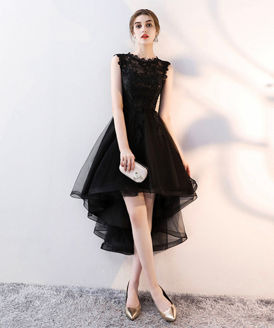 Black tulle lace high low prom dress evening dress  8416