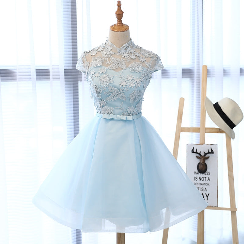 Blue lace tulle short prom dress, homecoming dress  8148