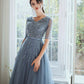Blue tulle beads long prom dress A line evening gown  10333