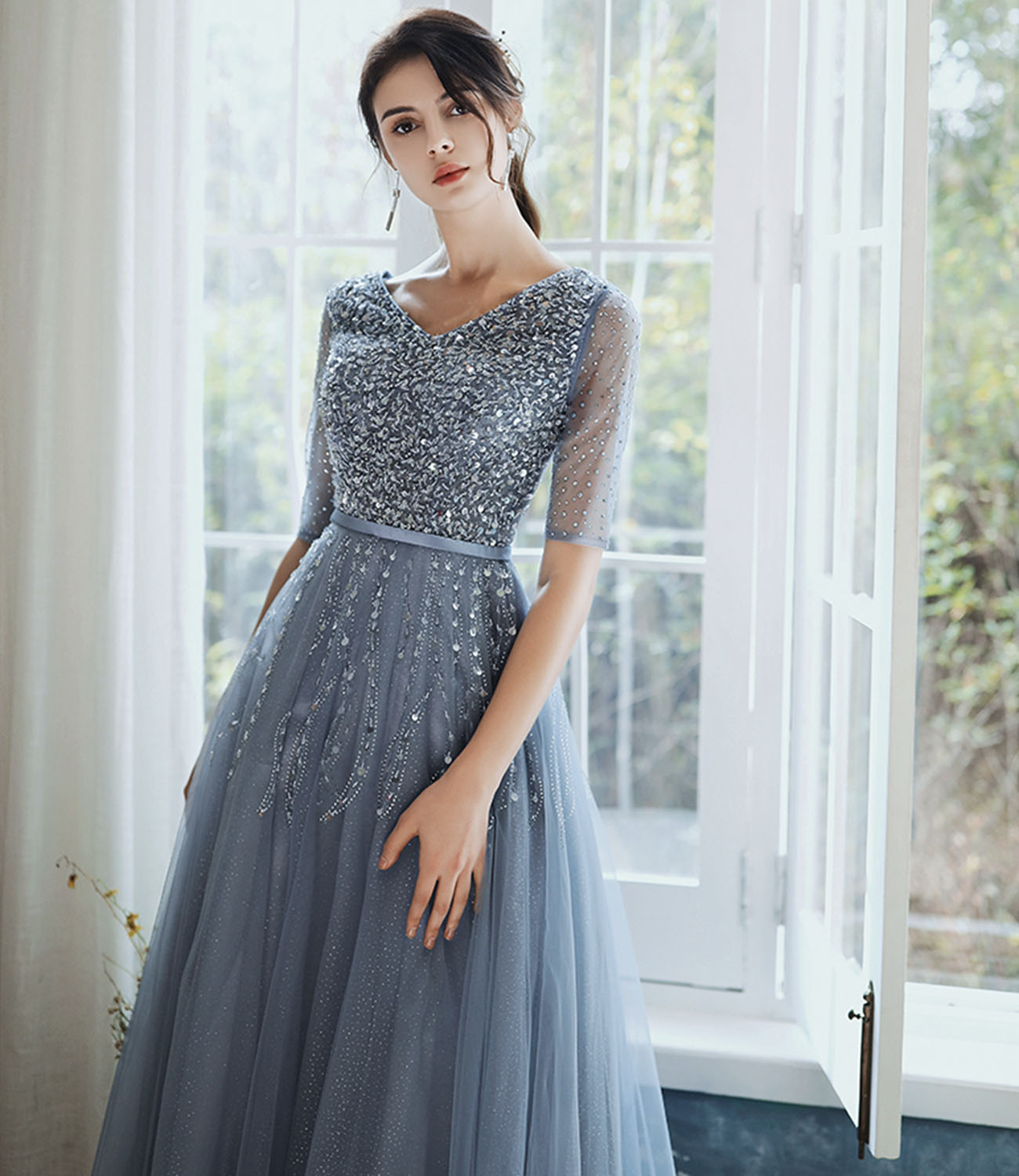 Blue tulle beads long prom dress A line evening gown  10333