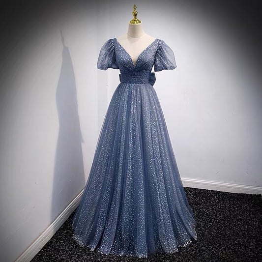 Blaues langes Ballkleid aus Tüll mit V-Ausschnitt blaues Abendkleid 8957