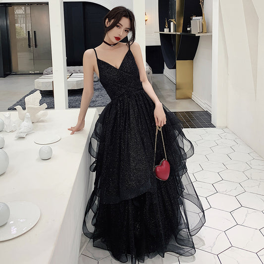 Black tulle sequins prom dress evening dress  8277