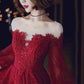 Burgundy lace long prom dress A line evening dress  10213