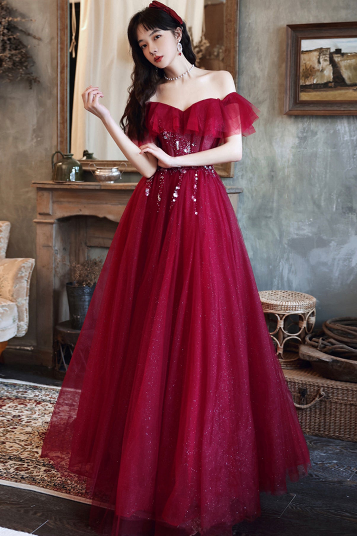 Burgundy tulle long A line prom dress evening dress  8687