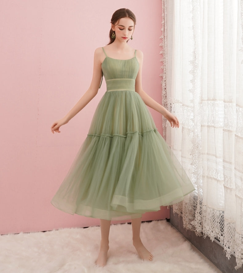 Cute green tulle short prom dress, green evening dress  8116