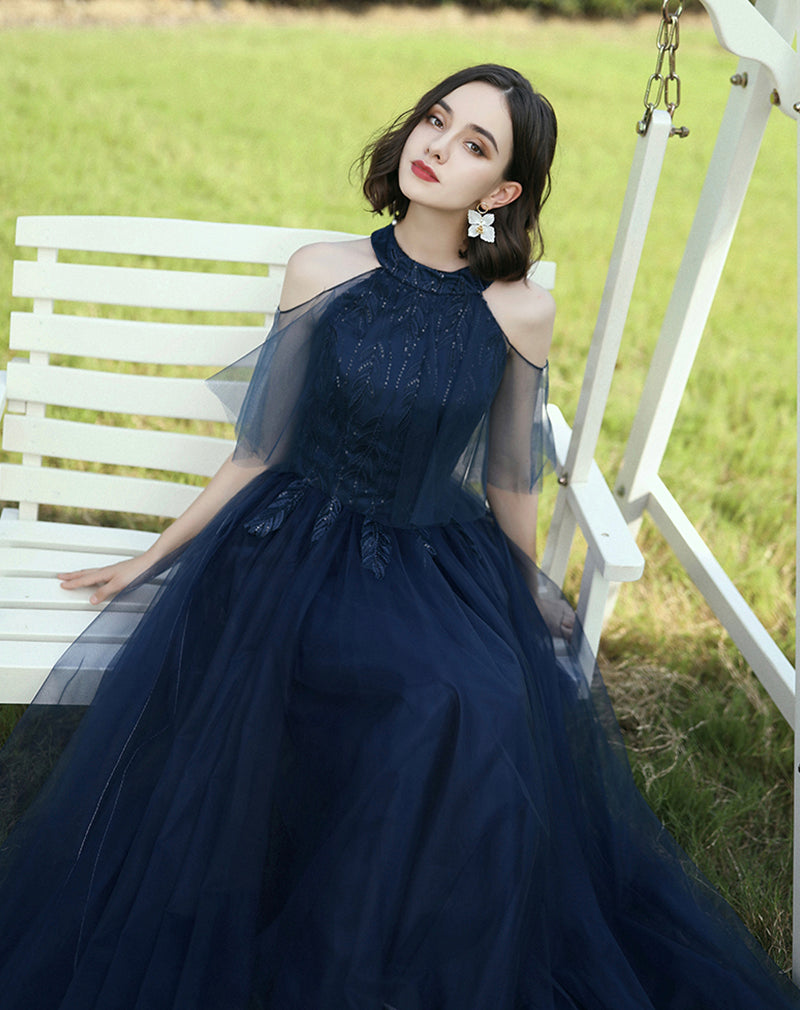 Blue tulle lace long prom dress blue evening dress  8404