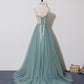 Green tulle lace long prom dress A line evening dress  10557