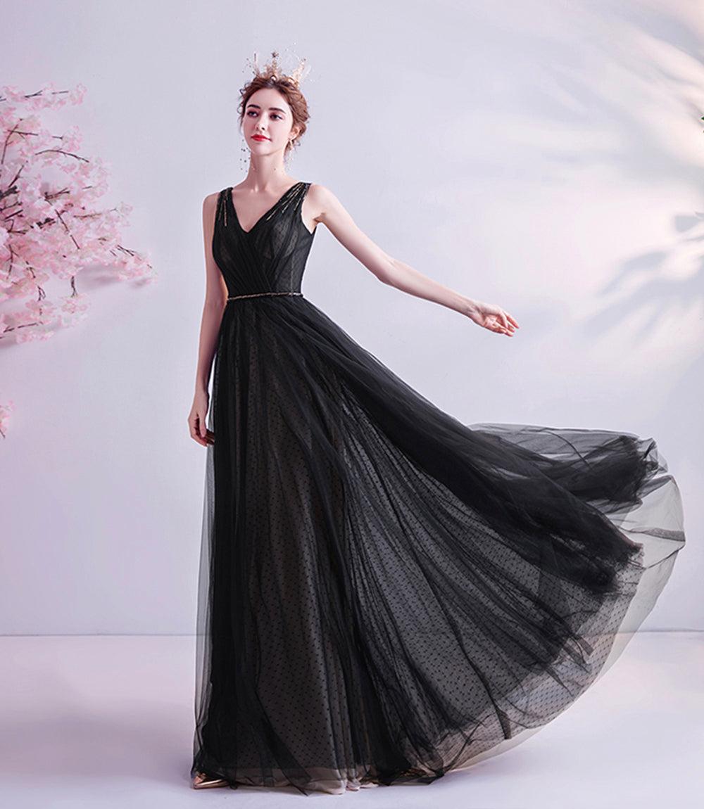 Black v neck tulle beads prom dress evening dress  8519