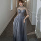 Gray tulle beads long prom dress A line evening gown  10278